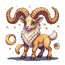 Stylized Capricorn with large spiraling horns and a fluffy mane against a dark, star-speckled background, featuring small glowing celestial elements.