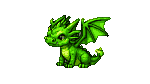 A small, vibrant green dragon with large, expressive eyes, delicate wings, and a spiky mane, sits attentively.