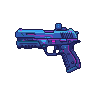 Futuristic cyberpunk pistol with glowing blue and purple neon accents on a black background.