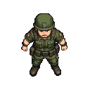 Top-down view of a stout soldier in an olive-drab uniform with a helmet and tactical vest, standing ready.