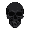 A pixelated black skull with empty eye sockets and grinning teeth against a black background.