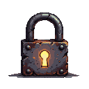 A heavy, ancient, corroded padlock with a glowing keyhole.