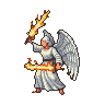 Celestial warrior angel with feathered wings, wielding two flaming swords.