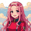 Pixel Art: pixel art animation of Zero Two from Darling in the Franxx, cute anime girl with pink hair, wearing red uniform, smiling and blinking, smooth loop animation, retro 8-bit pixel style, detailed shading, vibrant colors, aesthetic lighting, background with soft pixel sky, high quality sprite animation, cinematic frame (generated with AI by Liraeld Shadowcaster).