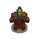 Green-skinned orc in segmented leather armor and a purple headcloth, viewed from a top-down perspective.