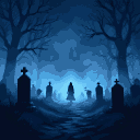 A lone, thin figure stands silhouetted in the faint light of a lantern within a foggy, nocturnal cemetery. Dark, pixelated gravestones, some with crosses, and skeletal tree branches are visible through the mist.