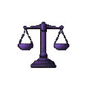 Stylized purple balance scale with evenly balanced pans.