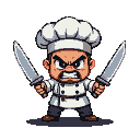 Furious chef with bared teeth, holding two gleaming kitchen knives in a combat stance.
