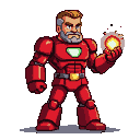 Man in a red armored suit holding a glowing green energy orb.