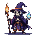 Skeletal mage in a purple wizard's hat and cloak, conjuring a blue flame in its left hand and holding a staff with a fiery orb in its right.