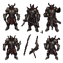Armored demon with dark metal, red, and gold accents, wielding a curved blade or sword.