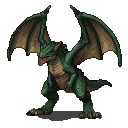 A powerful green dragon with spread wings, sharp claws, and intense reptilian eyes, its scales a mix of deep greens and browns, and leathery golden-tinged wings.