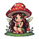 Whimsical forest fairy with large green eyes and pointed ears, squatting under a red and white spotted mushroom cap. She has translucent wings, brown hair, and wears a green tunic, resting on mossy ground with tiny mushrooms.