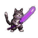Tabby cat wielding a glowing purple katana.
