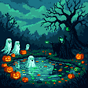 Pixel Art: a poisoned pond with specters around it and orange, green, and red pumpkins; the Grim Reaper with fluorescent green eyes, pointing his finger at the dark tree (generated with AI by Alouka).