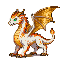 A white, orange, and gold dragon with emerald eyes and flickering ember tail.