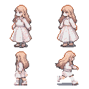 Q-version pixel art character with long blonde hair, wearing a light-colored ruffled dress and sweater, in standing and running poses.