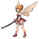 Pixie warrior with feathered wings and a single horn, holding a katana in a side-view stance. She wears crimson and deep purple attire with thigh-high garters.