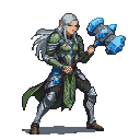 Elf warrior in ornate green and silver armor, holding a large blue crystal hammer, with silver hair flowing.