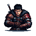 Stoic warrior with short spiky dark hair, a scar over his left eye, and layered dark armor with a hooded cloak, gripping a sword hilt with both hands.