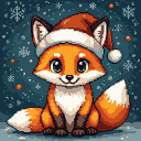 A wide-eyed fox wearing a Santa hat, with a fluffy tail curled around it, sits against a backdrop of falling snowflakes and subtle orange accents.