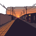 Japanese suburban street at sunset with long shadows, a warm streetlamp, and a neon vending machine.