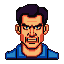 Stern pixelated face with bared teeth and fierce blue eyes, wearing a blue shirt.