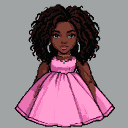 Young girl with dark curly hair and blue eyes, wearing a pink dress and gold jewelry.