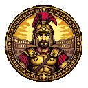 Pixel Art: 帮我 生成一个冒险者公会的圆形纹章，要求中间的人物只有头像，没有身体，中间的人物为古罗马竞技场角斗士浮雕，纹章整体均为金...