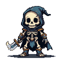 Skeletal warrior in dark armor with gold and teal accents, wearing a deep blue hood, holding a curved sword.