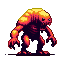 A hulking, fiery pixel art monster with glowing crimson and yellow muscles, a low-slung head with beady eyes, and a wide, toothy maw. Its thick arms end in clawed hands, posed menacingly.