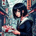 Young woman in dark school uniform with white collar, holding a white and red takeout box. She has short dark hair and large blue eyes, looking slightly off-camera. The background shows a narrow street with Japanese storefronts, kanji signs, and red lanterns.