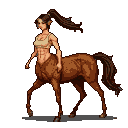 Female centaur in profile, muscular human torso on a chestnut horse body, dark ponytail, light top, against black background.