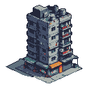 Pixel Art: isometric cyberpunk building, stacked concrete apartment blo...