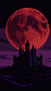 A blood-red moon hangs over a ruined gothic castle against a dark purple and black sky.