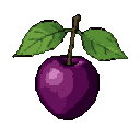 A plump, deep purple cherry with two green leaves and a brown stem on a black background.