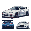 Three pixelated sports cars: a white Nissan GT-R in profile, a blue Nissan GT-R from the rear, and a white Nissan GT-R from the front.