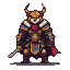 Warrior in dark, ornate armor with gold accents and a red cape, wearing a feline mask with large, curved horns.