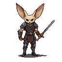 Fennec fox warrior in dark metal armor holding a sword.