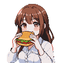 Young anime girl with brown hair, blushing, biting a hamburger with lettuce and tomato.