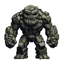 A hulking rock monster with jagged, grey-green stones, sharp pixelated teeth, and dark, empty eye sockets. Its massive, blocky limbs are bent.
