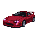 Crimson red sports car with neon pink headlights against a black background.