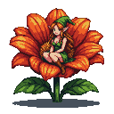 Elf with auburn hair seated in a large orange flower.