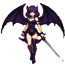 Succubus anime girl with spread dark wings, red eyes, purple hair, wearing a revealing outfit with straps and buckles, holding a slender sword.