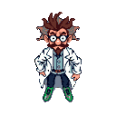 Stylized scientist with wild brown hair, beard, mustache, and round glasses, wearing a white lab coat, blue shirt, dark trousers, and bright green boots, against a black background.