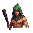 Shirtless warrior wearing a green chameleon-hooded helmet, holding a wooden club.