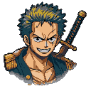 Roronoa Zoro, a fierce warrior with spiky green hair, glares with a determined, toothy grin. He wears a dark blue jacket with golden epaulets and has a sheathed katana across his back.