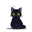 Pixel Art: A black cat is sitting with stars in her eyes
