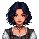 Pixel Art: Mulher meio demônio, de cabelo preto curto usando roupa de ladino, estilo RPG D&D, Full imagem (generated with AI by Fartar Shade).