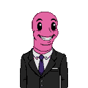 A pink, worm-like creature with large dark eyes wears a dark suit, white shirt, and purple tie, smiling widely.